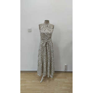Women's Round Neck <b>Elastic</b> Waist Patterned Single Jersey <b>Dress</b>, 34865 - Beige - Product Image 3