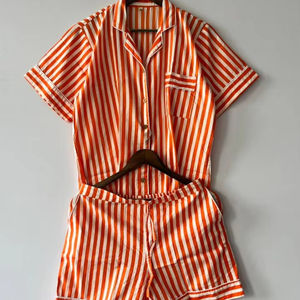 Conjunto de Pijama corto de algodón a rayas naranja para mujer, ropa de salón de verano, traje de noche con botones y ribetes - Product Image 1