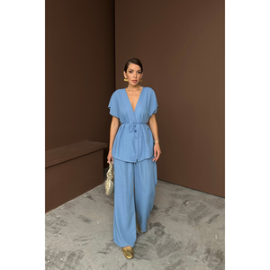 Conjunto de Blusa y Pantalones de Lino para Mujer, Cuello en V, Cintura con Lazo, Color Azul - Product Image 3