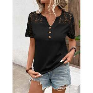 Blusa de Mujer de Manga Corta con Cuello en V, Botones al Frente y Detalle de Encaje, 32296 - Negro - Product Image 2