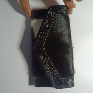 Cartera de Cuero Vacuno Negro Más Vendida, Larga, con Forro de Algodón Floral, Hecha a Mano, Unisex, Precio Inmejorable - Product Image 5