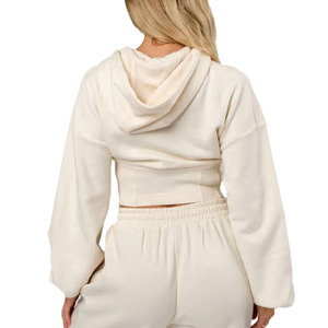 Venta al por mayor French Terry Zip Up Crop Jacket Set Señoras Buena calidad Sweatsuits Chándal Set 2 Dos piezas - Product Image 3