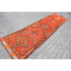 Tapis turc en laine Herki 2,9x10,6 pi (88x324 cm) écologique avec patchwork et support en latex, orange ombré, tapis traditionnel vintage - Product Image 3