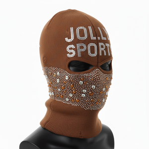 หมวกบาลาคลาวาผู้หญิงสุดหรู ผ้าอะคริลิกหนา 280GSM สีน้ำตาล ประดับคริสตัล พร้อมโลโก้สั่งทำ ช่องตา สำหรับฤดูหนาว - Product Image 3