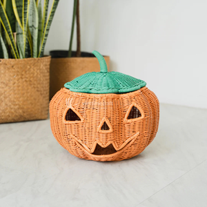Cesta de Mimbre Hecha a Mano con Forma de Calabaza de Halloween, Decoración Rosa y Naranja con Tapas - ViettimeCraft Decoración para el Hogar - Product Image 1