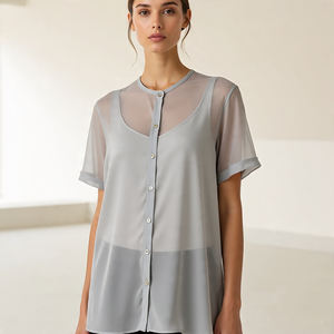 เสื้อแขนยาวมีกระดุมตาข่ายสำหรับผู้หญิง, เสื้อเบลาส์ผ้าตาข่ายโปร่งสำหรับผู้หญิงใส่ในฤดูร้อน - Product Image 6