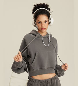 Sudadera con capucha recortada de alta calidad para mujer, jersey con cremallera, capucha, algodón, poliéster, logotipo personalizado para otoño e invierno, entrenamiento de gimnasio, venta al por mayor - Product Image 3