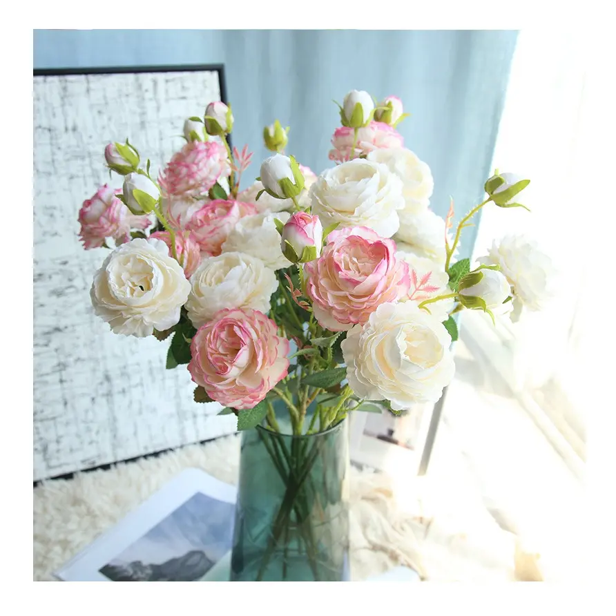Rose Artificial Flowers 3 Heads White Peonies Silk Flowers Red Pink Blue Artificial Plants Wedding Decor for Home Peony Bouquet