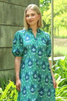 Nouvelle arrivée, robe courte à manches courtes en coton pour femmes, à imprimé bloc, faite à la main, écologique, lavable, col en V, longueur genoux, évasée, toutes saisons