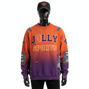 High Quality 330GSM Acid Wash Sweatshirt Fleece Fabric <b>Orange</b> Purple Fade With Chenille Logo Custom Embroidery Basic Sweatshirt - Product Image 1