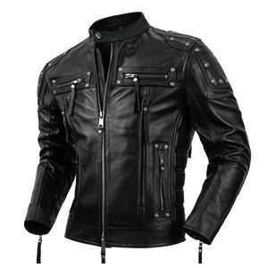 Nouvelle veste en cuir de vache/vieille peau de mouton noir classique vintage pour homme, respirante, veste de motard à fermeture éclair, col montant - Product Image 1
