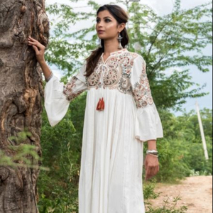 2024 Modest New Collection Embroidered Three Quarter Sleeve Boho Fashion Natural Woven Button Maxi Dress - Product Image 4