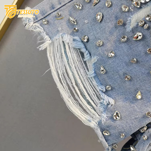 Personalizado de las mujeres de verano Jogger pantalones cortos de sudor desgastado bordado de diamantes de imitación recto francés Terry algodón ácido lavado holgado francés - Product Image 2