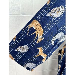 Kantha Pur 100% Cotton Reversible Long Kimono Pastel Green Monkey Animal Print Leisure Veste with Mandarin Collar for Women - Product Image 4