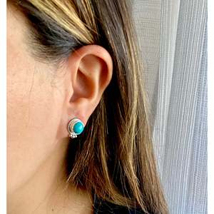 Navajo Kingman Turquoise & Sterling <b>Silver</b> <b>Stud</b> Earrings Made with Bezel Setting Inlay Technology - Product Image 2