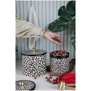 Juego de Cajas Redondas Metálicas Kontensan, Diámetro 175x155-Diámetro 140x125, con Asa (Juego de 2), Diseño de Leopardo Dorado - Product Image 2