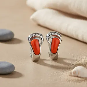 Boucles d'oreilles tendance pour femmes en argent et corail, légères, design religieux, avec zircon, perle, bijoux en laiton, plaqué rhodium - Product Image 3