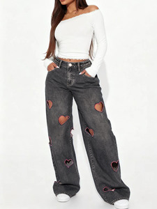 Style rétro européen <span class=keywords><strong>taille</strong></span> <span class=keywords><strong>haute</strong></span> jambes larges <span class=keywords><strong>jean</strong></span> pour femmes couleur unie minceur Denim coeur découpe <span class=keywords><strong>taille</strong></span> XL pour été hiver - Product Image 2