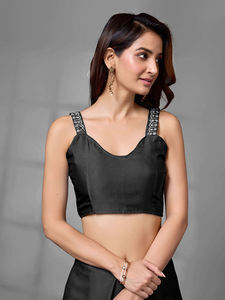 Trendmalls Sari noir pour femme K1086, pièce de chemisier non cousue en satin georgette, coupe classique, toutes saisons, style indien pakistanais, pour les fêtes - Product Image 6