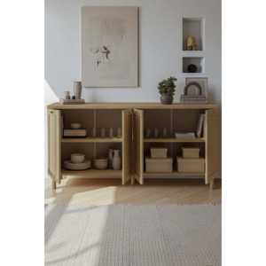 Console de salon moderne de style scandinave à 4 compartiments en mélamine avec portes à panneaux plats et 2 étagères, design élégant - Product Image 4