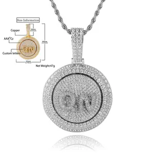 Brass Material Gold Plated Letter Rotating Round Shape Full of Cubic Zirconia Hip Hop Pendant Necklace
