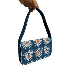 Handmade Beaded Floral Shoulder Bag with <b>Daisy</b> Pattern Blue Casual Daily Use Flap Closure - Product Image 1