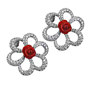 Flower Design Silver Earring CZ & Synthetic Coral Earring Finished Earring