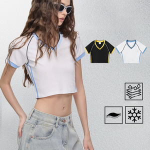 Camiseta Corta de Verano <span class=keywords><strong>para</strong></span> <span class=keywords><strong>Mujer</strong></span>, Estilo Americano Vintage, con Cuello en V, Manga Corta, Rayas y Ribete en Contraste, Ajustada, Tejido de Punto, Venta al por Mayor - Product Image 5
