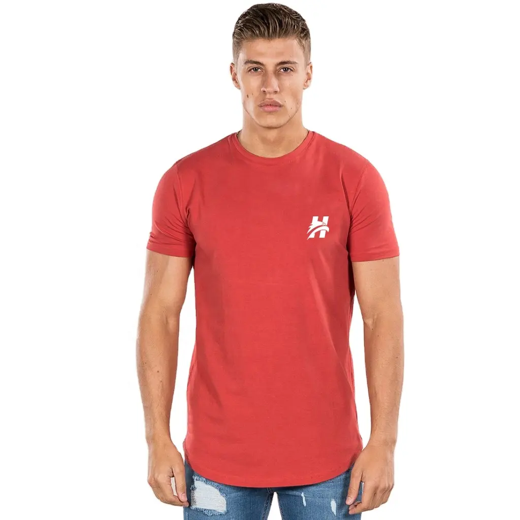 Camiseta de manga corta con dobladillo curvo para hombre, camisa de color rojo con logotipo personalizado