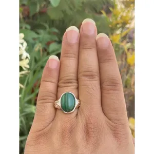 <b>925</b> <b>Silver</b> Natural Malachite Gemstone <b>Ring</b> Fashionable Romantic Classic Bezel Claw Inlay Setting Eye Geometric Pattern Gift - Product Image 4