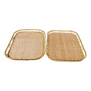 Top selected wholesale Vintage Bamboo Rattan Tiki Boho Serving Trays a Pair Natural Handmade 100% From Vietnam