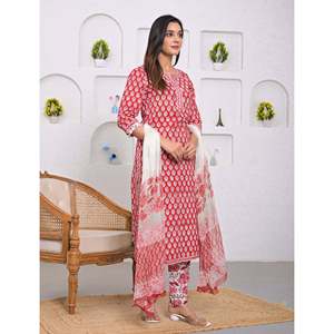 ชุดกางเกงคุรตะผ้าฝ้ายพิมพ์ลายสีแดง แขนสามส่วน สำหรับใส่ในชีวิตประจำวัน - Product Image 4