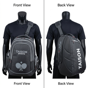 Sac à dos de tennis de table pour hommes en tissu polyester durable gris et noir, design multi-panneaux, logo imprimé par transfert thermique personnalisé, sac de sport - Product Image 1