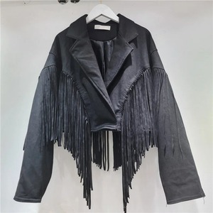 Chaqueta de borla negra de estilo francés para mujer Traje de cuello holgado de manga larga de cuero de imitación de 2 botones con nuevo diseño - Product Image 6