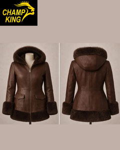 Chaqueta Bomber de Cuero Marrón para Mujer con Capucha de Piel, Chaqueta de Invierno Hecha a Mano - Product Image 1