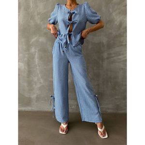 Pantalones de mezcla de algodón y lino a cuadros azules TOPSHOW de corte regular al por mayor para mujer - Pantalones casuales con cintura elástica - Product Image 5