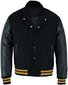 New Varsity Letterman <b>Baseball</b> <b>Bomber</b> <b>Jacket</b> - Vintage Solid Black Wool with Multi-Trim Leather Sleeves - Product Image 4
