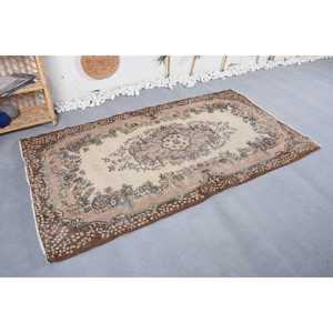 Vintage Rug, 3,9x7,2 ft Area Rug, <b>Brown</b> Beige <b>Wool</b> Rug - Product Image 4