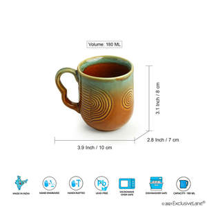 Peacock Boulevard Hand-Engraved <b>Ceramic</b> Coffee Tea <b>Cups</b> Modern 180 ML Microwave Safe Set of 6 Caramel Brown & Sea Green India - Product Image 5