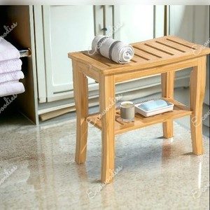 Banc de douche en bois naturel avec siège et étagère rectangulaires Tabouret de spa en bois à 2 niveaux - Product Image 1