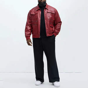 Veste cargo rouge en similicuir pour hommes, Streetwear multi-poches, style bombardier, nouveau design de mode - Product Image 4
