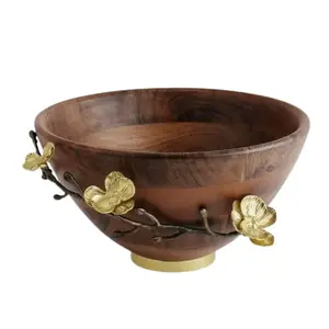 Bol de service en métal doré de forme ronde personnalisée avec plateau de base en bois pour la maison, hôtel, mariage, dessus de table, bol de service - Product Image 6