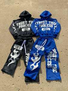 Conjunto Deportivo Y2K con Lavado Ácido, Sudadera con Bordado Desgastado y Apliques, Pantalones Deportivos Acampanados, Conjunto de Felpa Francesa Gruesa - Product Image 3