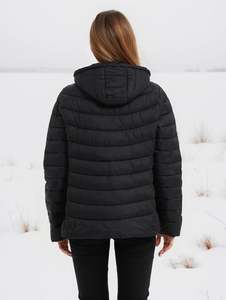 <b>Women's</b> High Street Style Cropped Quilted Puffer <b>Jacket</b> with Hood Warm <b>Zip</b>-<b>up</b> Canvas Coat Front Logo for Winter - Product Image 2