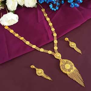 Indian Manufacturer Gold Plated Wedding Bridal Floral Ball Chain Tassel <b>Long</b> <b>Necklace</b> Earrings Jewelry Set for Women - Product Image 1