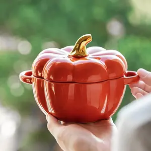 ハロウィーンクリエイティブパンプキンシェイプセラミックボウルダブルかわいい蓋付きコンテナキッチン食器スープボウル