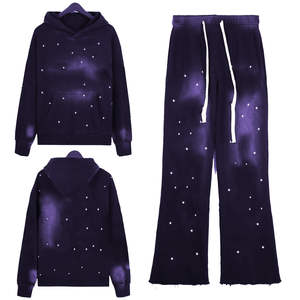 100% Cotton Fleece Casual Solid Distressed Embroidery Track Suits Acid Wash Flare Sweat Pants for Winter Men <b>Rhinestone</b> - Product Image 6