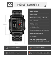 Reloj Digital Cronógrafo Rectangular Estilo Deportivo para Hombre, Resistente al Agua 3ATM, Acero y Cuero Opcionales, Relogio Masculino