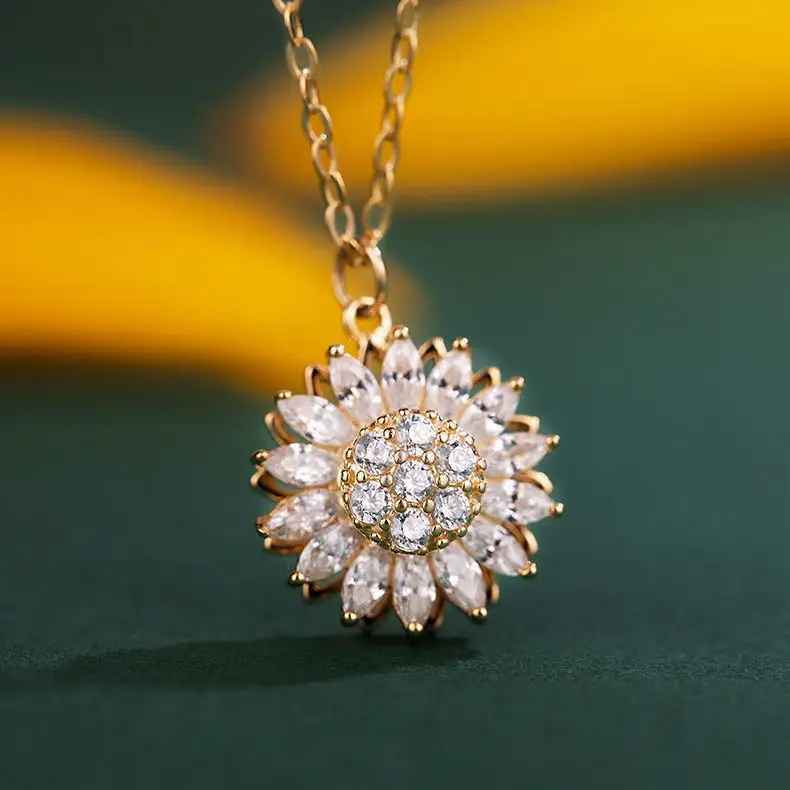 2023 Flash Sun Flower rotating micro inlaid zirconium sunflower pendant special interest design necklace