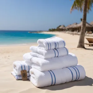 Toallas de playa teñidas con hilo de algodón 100%, rayas hiladas en anillo, sensación suave tratada antibolitas, logotipo personalizado, juegos de baño de suministro a granel